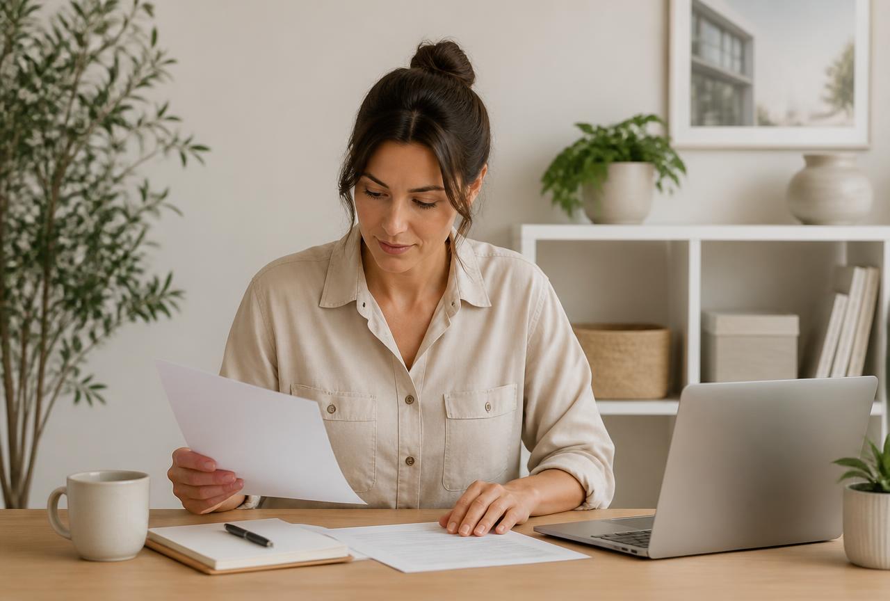 Property manager reviewing lease paperwork at a bright desk